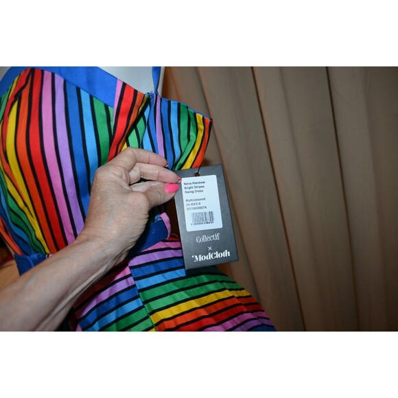 Pinup Dress  Rainbow Bright Stripes Swing Size XXS ) NWT - Picture 5 of 5